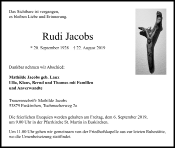 Anzeige von Rudi Jacobs von Kölner Stadt-Anzeiger / Kölnische Rundschau / Express