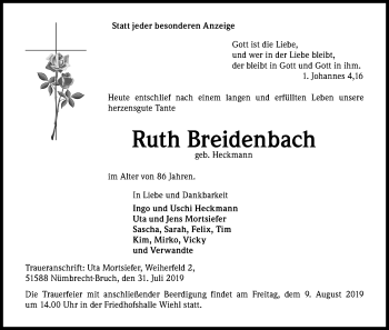 Anzeige von Ruth Breidenbach von Kölner Stadt-Anzeiger / Kölnische Rundschau / Express
