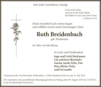 Anzeige von Ruth Breidenbach von  Anzeigen Echo  Lokalanzeiger 