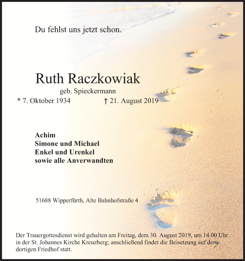  Traueranzeige für Ruth Raczkowiak vom 24.08.2019 aus Kölner Stadt-Anzeiger / Kölnische Rundschau / Express