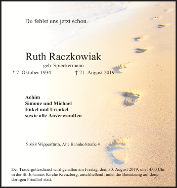 Anzeige von Ruth Raczkowiak von Kölner Stadt-Anzeiger / Kölnische Rundschau / Express