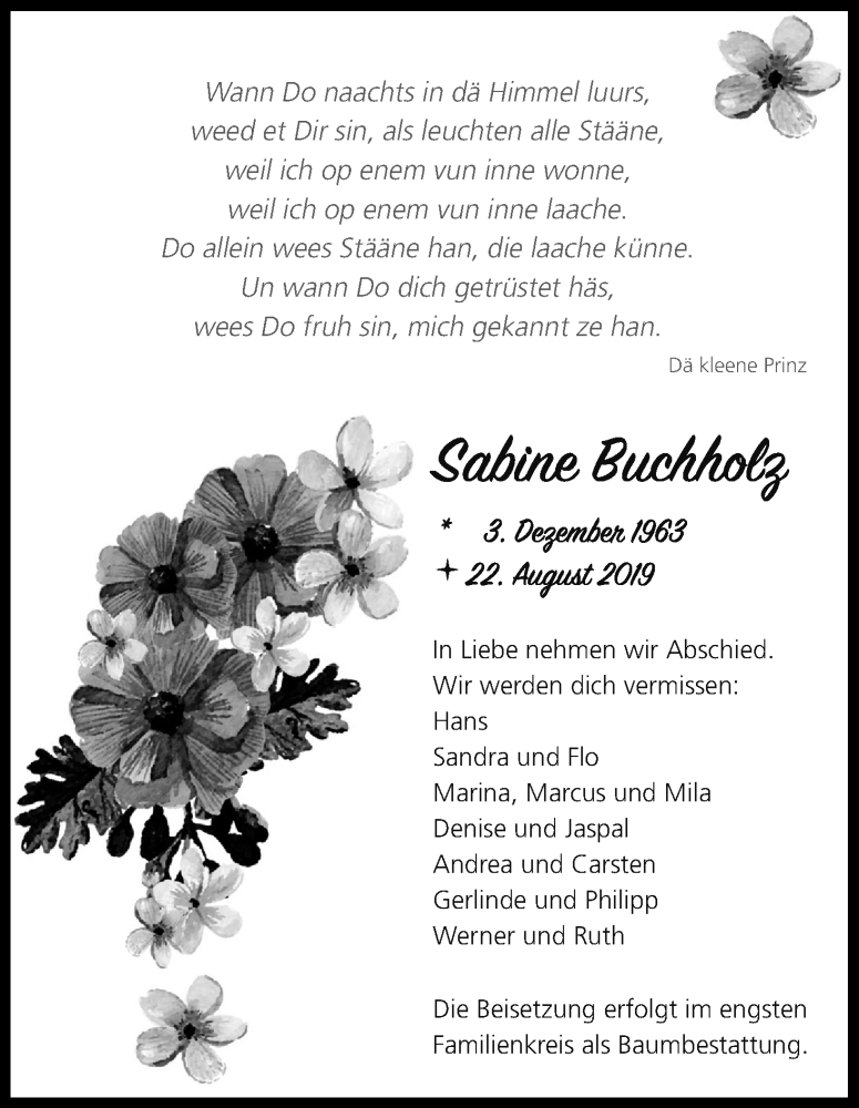  Traueranzeige für Sabine Buchholz vom 31.08.2019 aus Kölner Stadt-Anzeiger / Kölnische Rundschau / Express