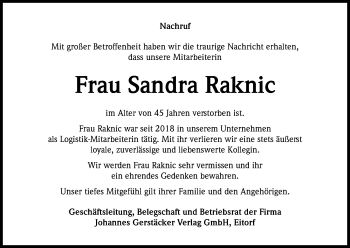 Anzeige von Sandra Raknic von Kölner Stadt-Anzeiger / Kölnische Rundschau / Express