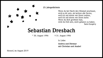 Anzeige von Sebastian Dresbach von Kölner Stadt-Anzeiger / Kölnische Rundschau / Express