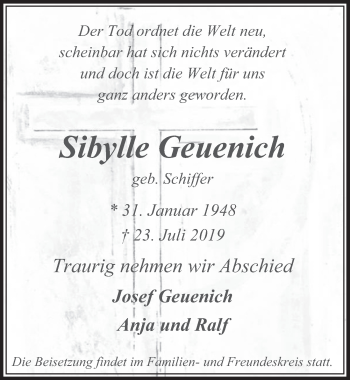 Anzeige von Sibylle Geuenich von  Sonntags-Post 