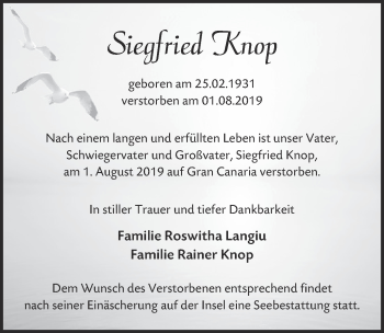 Anzeige von Siegfried Knop von  Kölner Wochenspiegel 
