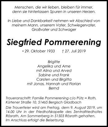 Anzeige von Siegfried Pommerening von Kölner Stadt-Anzeiger / Kölnische Rundschau / Express