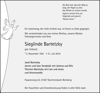Anzeige von Sieglinde Bartetzky von  Anzeigen Echo 