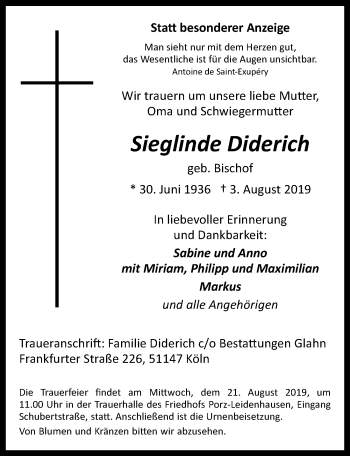 Anzeige von Sieglinde Diderich von  Kölner Wochenspiegel 