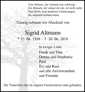 Anzeige von Sigrid Altmann von  Leverkusener Wochenende 
