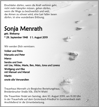 Anzeige von Sonja Menrath von  Anzeigen Echo 