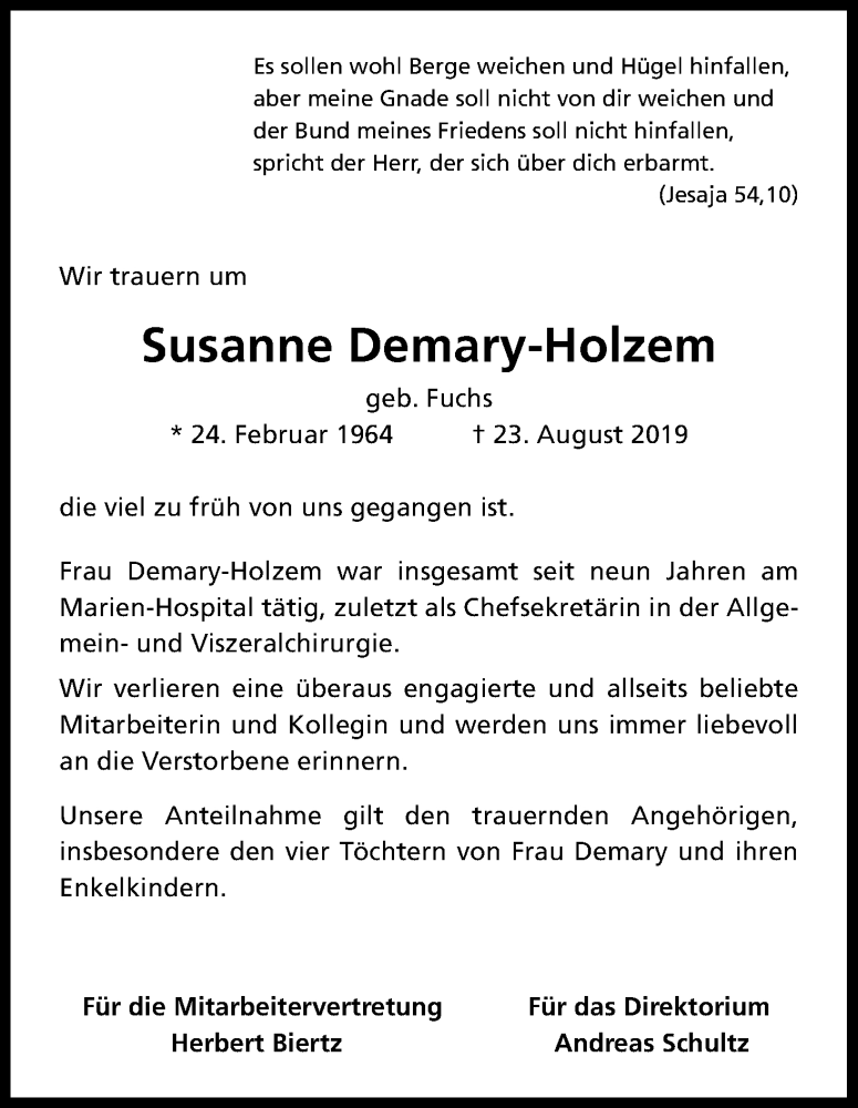  Traueranzeige für Susanne Demary-Holzem vom 29.08.2019 aus Kölner Stadt-Anzeiger / Kölnische Rundschau / Express