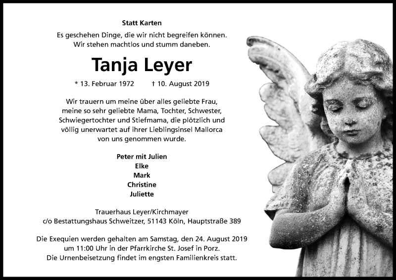  Traueranzeige für Tanja Leyer vom 22.08.2019 aus Kölner Stadt-Anzeiger / Kölnische Rundschau / Express