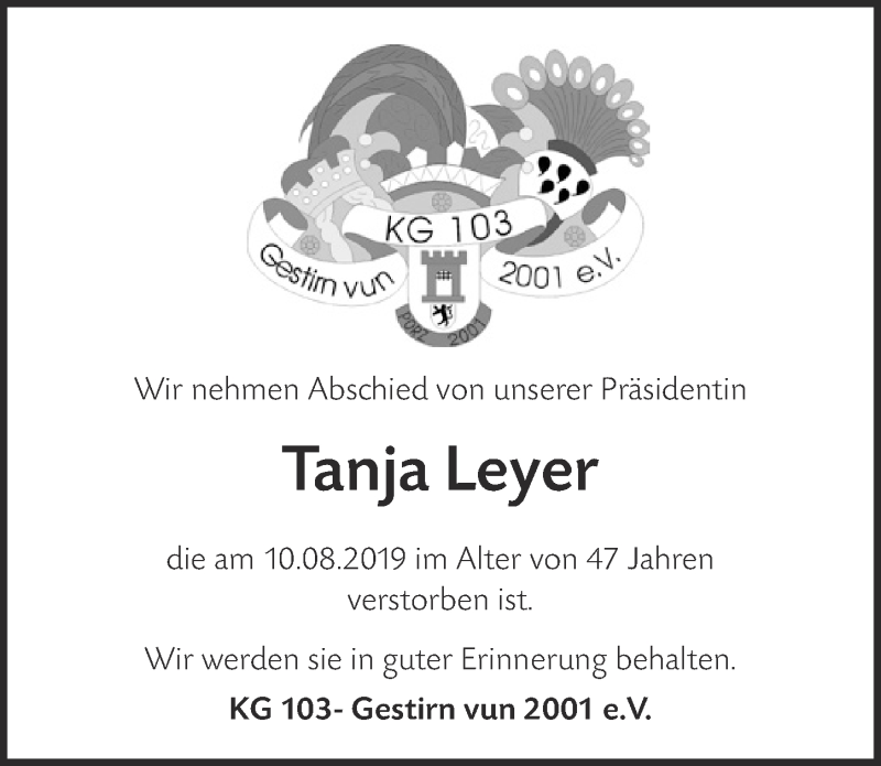  Traueranzeige für Tanja Leyer vom 21.08.2019 aus  Kölner Wochenspiegel 