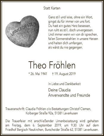 Anzeige von Theo Fröhlen von  Leverkusener Wochenende 