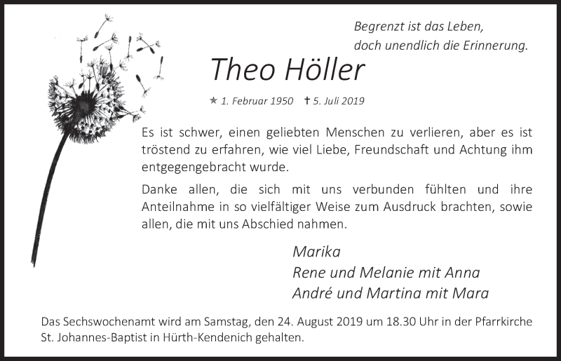  Traueranzeige für Theo Höller vom 14.08.2019 aus  Wochenende 