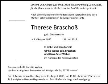 Anzeige von Therese Braschoß von Kölner Stadt-Anzeiger / Kölnische Rundschau / Express