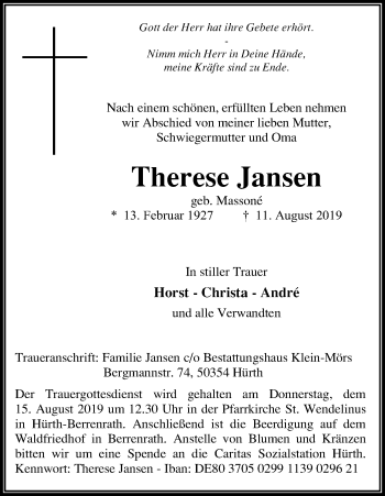 Anzeige von Therese Jansen von Kölner Stadt-Anzeiger / Kölnische Rundschau / Express