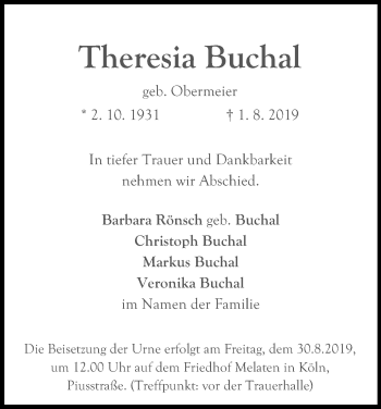 Anzeige von Theresia Buchal von Kölner Stadt-Anzeiger / Kölnische Rundschau / Express