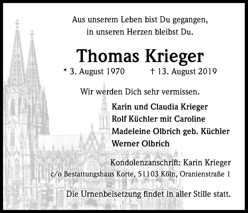  Traueranzeige für Thomas Krieger vom 17.08.2019 aus Kölner Stadt-Anzeiger / Kölnische Rundschau / Express