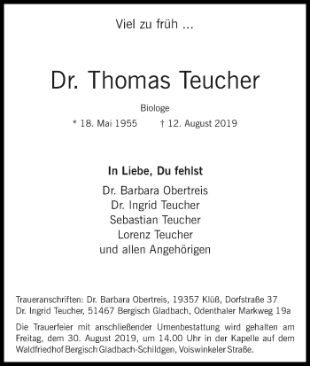 Anzeige von Thomas Teucher von Kölner Stadt-Anzeiger / Kölnische Rundschau / Express