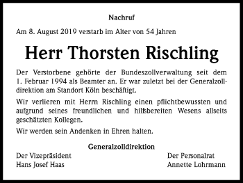 Anzeige von Thorsten Rischling von Kölner Stadt-Anzeiger / Kölnische Rundschau / Express