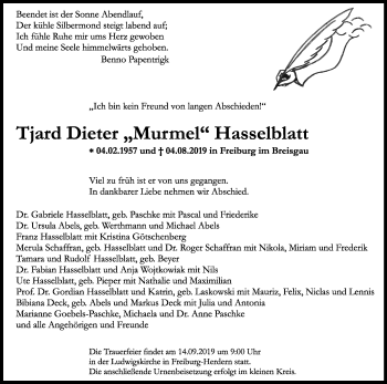 Anzeige von Tjard Dieter  Hasselblatt von Kölner Stadt-Anzeiger / Kölnische Rundschau / Express