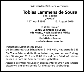 Anzeige von Tobias Lammens de Sousa von Kölner Stadt-Anzeiger / Kölnische Rundschau / Express