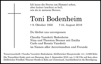 Anzeige von Toni Bodenheim von Kölner Stadt-Anzeiger / Kölnische Rundschau / Express