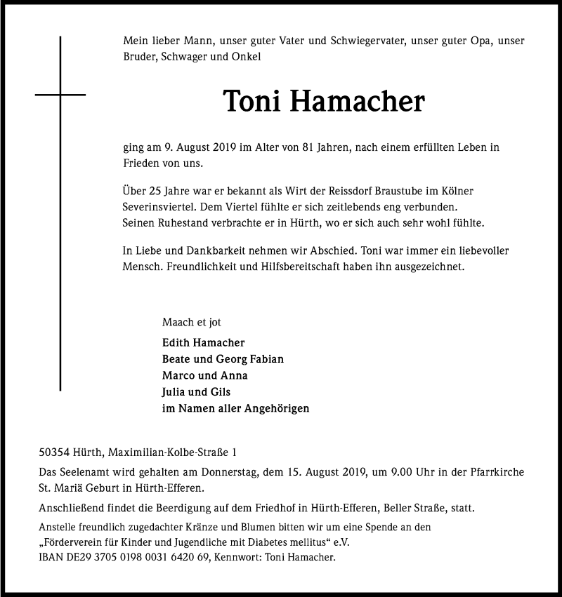  Traueranzeige für Toni Hamacher vom 12.08.2019 aus Kölner Stadt-Anzeiger / Kölnische Rundschau / Express