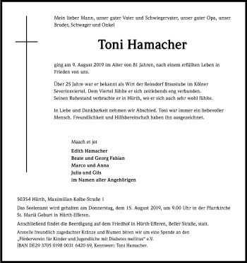 Anzeige von Toni Hamacher von Kölner Stadt-Anzeiger / Kölnische Rundschau / Express