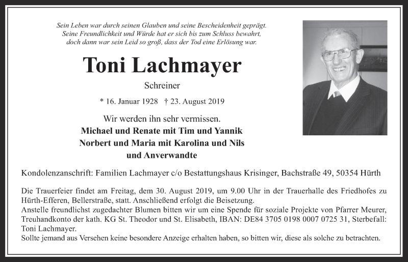  Traueranzeige für Toni Lachmayer vom 28.08.2019 aus  Wochenende 