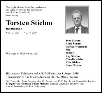 Anzeige von Torsten Stiehm von Kölner Stadt-Anzeiger / Kölnische Rundschau / Express
