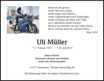 Anzeige von Uli Müller von Kölner Stadt-Anzeiger / Kölnische Rundschau / Express