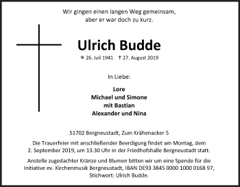 Anzeige von Ulrich Budde von Kölner Stadt-Anzeiger / Kölnische Rundschau / Express