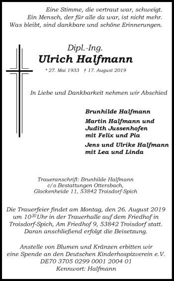 Anzeige von Ulrich Halfmann von Kölner Stadt-Anzeiger / Kölnische Rundschau / Express