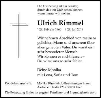 Anzeige von Ulrich Rimmel von Kölner Stadt-Anzeiger / Kölnische Rundschau / Express