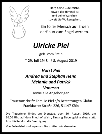 Anzeige von Ulricke Piel von  Kölner Wochenspiegel 