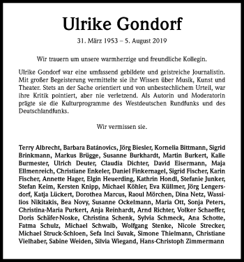 Anzeige von Ulrike Gondorf von Kölner Stadt-Anzeiger / Kölnische Rundschau / Express