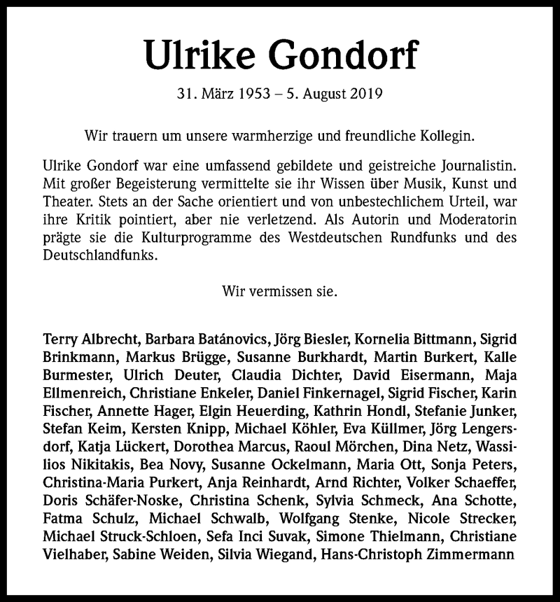  Traueranzeige für Ulrike Gondorf vom 16.08.2019 aus Kölner Stadt-Anzeiger / Kölnische Rundschau / Express