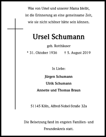 Anzeige von Ursel Schumann von Kölner Stadt-Anzeiger / Kölnische Rundschau / Express