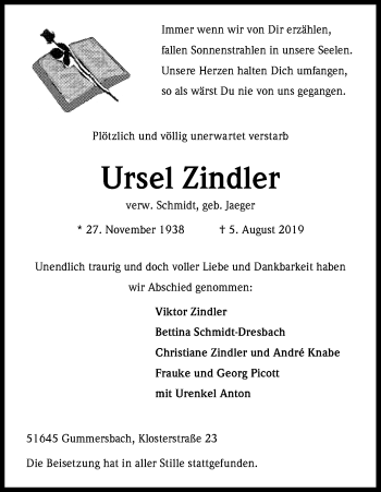 Anzeige von Ursel Zindler von Kölner Stadt-Anzeiger / Kölnische Rundschau / Express