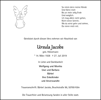 Anzeige von Ursula Jacobs von Kölner Stadt-Anzeiger / Kölnische Rundschau / Express