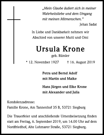 Anzeige von Ursula Krone von Kölner Stadt-Anzeiger / Kölnische Rundschau / Express