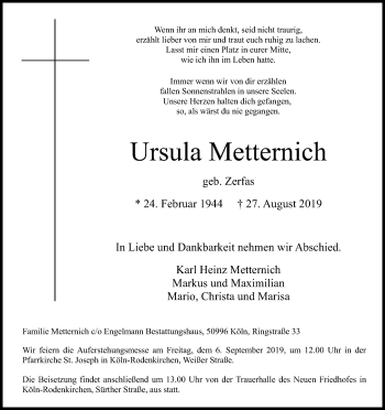 Anzeige von Ursula Metternich von Kölner Stadt-Anzeiger / Kölnische Rundschau / Express