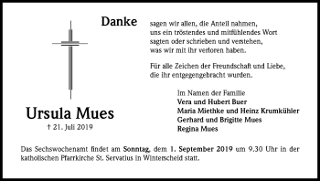 Anzeige von Ursula Mues von Kölner Stadt-Anzeiger / Kölnische Rundschau / Express