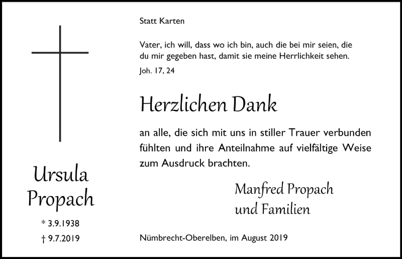  Traueranzeige für Ursula Propach vom 21.08.2019 aus  Lokalanzeiger 