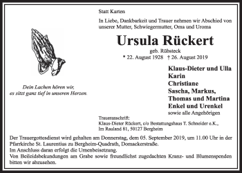 Anzeige von Ursula Rückert von  Sonntags-Post 