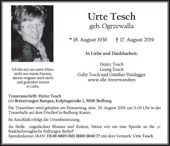 Anzeige von Urte Tesch von  Sonntags-Post 