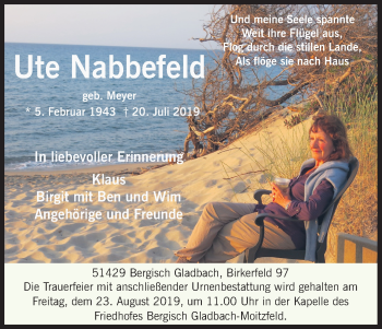 Anzeige von Ute Nabbefeld von Kölner Stadt-Anzeiger / Kölnische Rundschau / Express